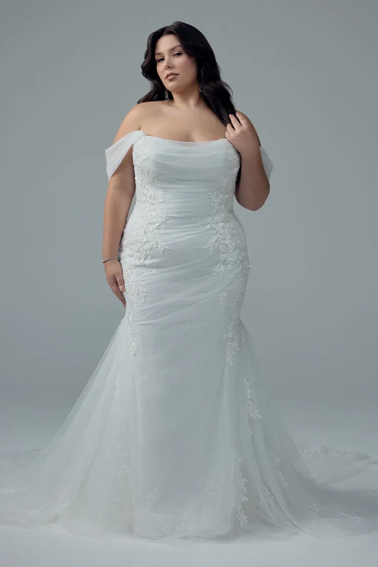 front of sophia tolli y3212 ivory tulle fitted wedding dress showing the full front, with off the shoulder straps and scattered beaded lace appliques