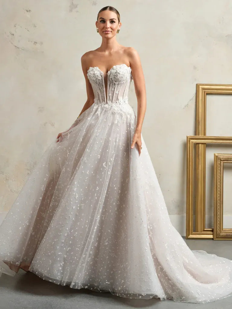 full front of sottero and midgley athlone blush tulle ball gown with a strapless sweetheart neckline