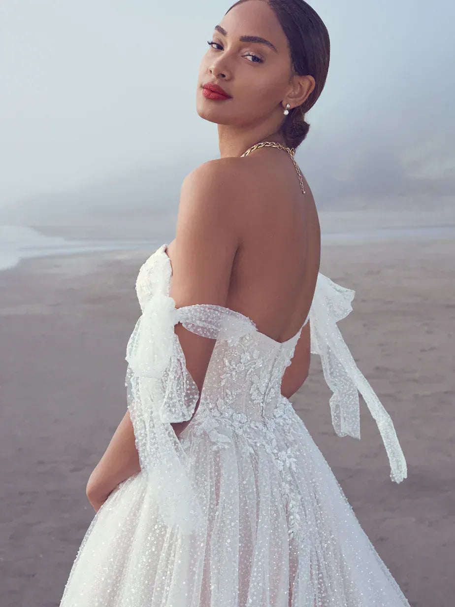 close up of sottero and midgley shasta tulle ball gown showing the strapless sweetheart neckline 