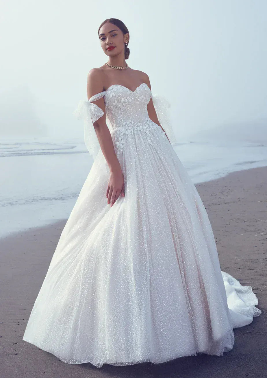 full front of sottero and midgley shasta tulle ball gown with a strapless sweetheart neckline and beading throughout