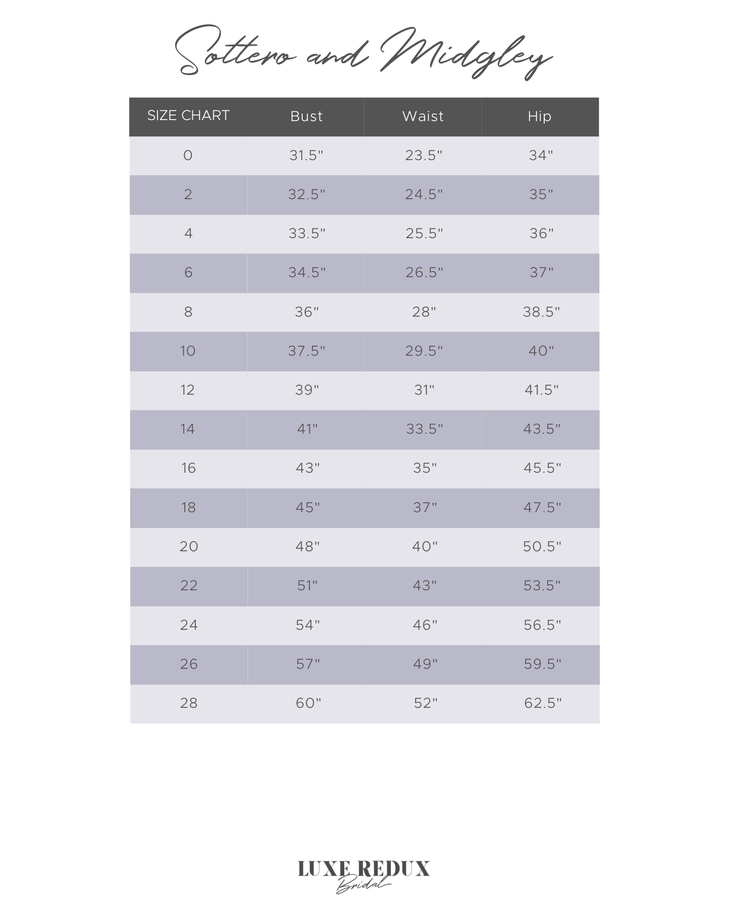 Sottero and Midgley Italiana Lane - Size 16 Size Chart