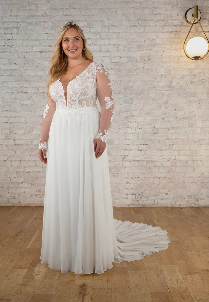 front of stella york 7699 ivory chiffon a-line wedding dress with sheer long sleeves and floral lace applique