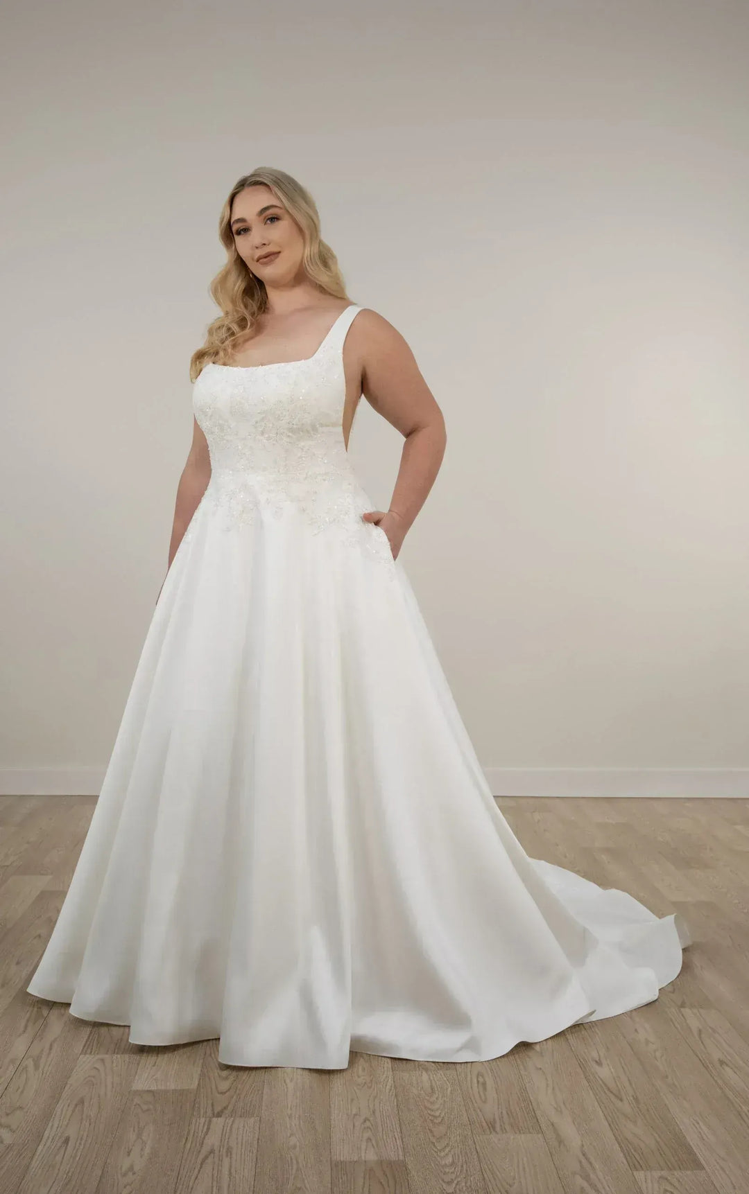 full front of stella york 7897 ivory mikado a-line wedding dress with beading on the square neck bodice
