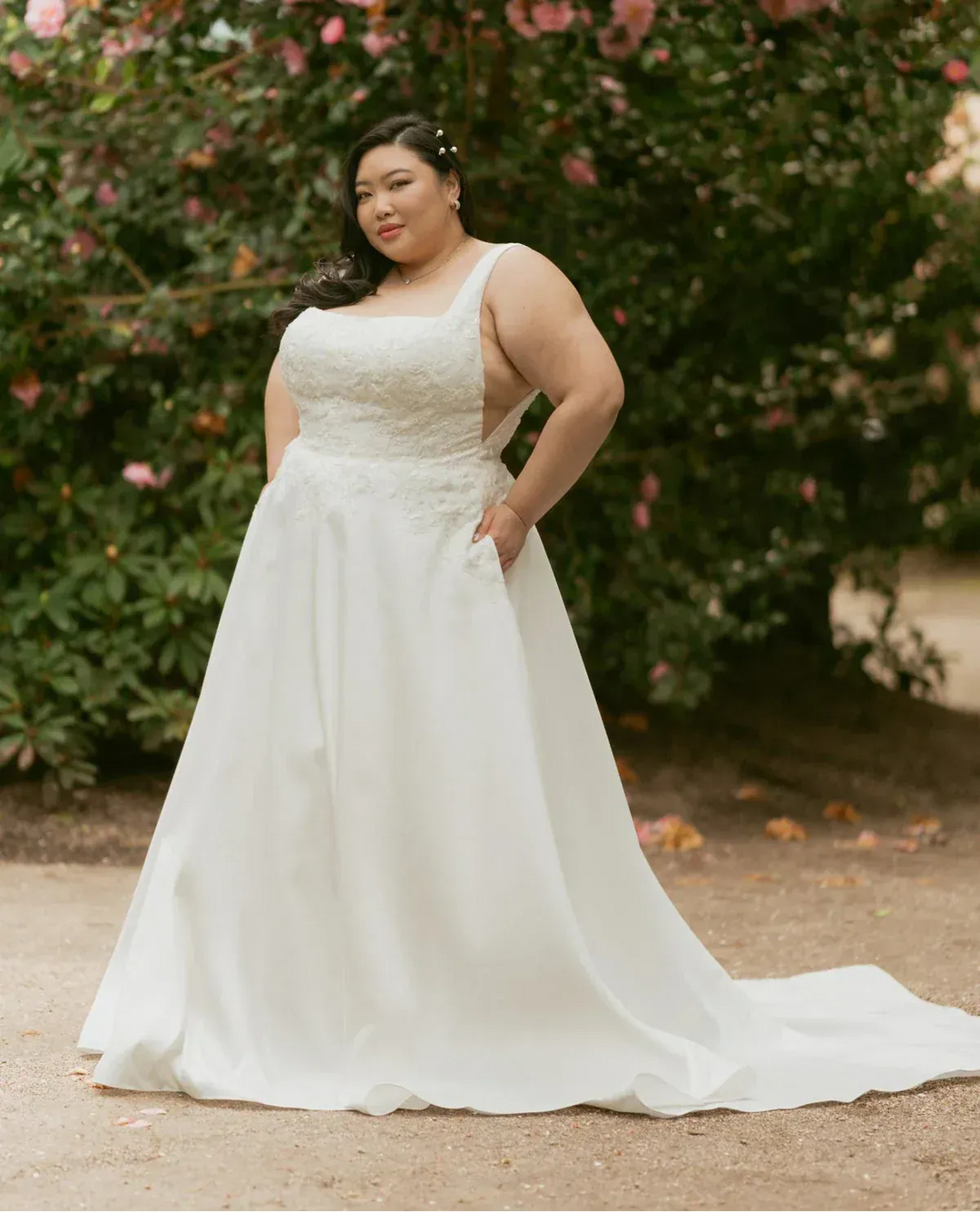 full front of stella york 7897 ivory mikado a-line wedding dress with beading on the square neck bodice