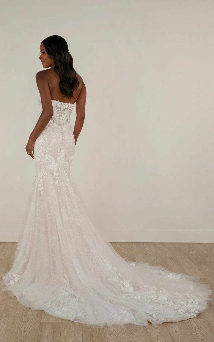 full back of stella york 7924 champagne lace fit and flare wedding dress featuring  a long train