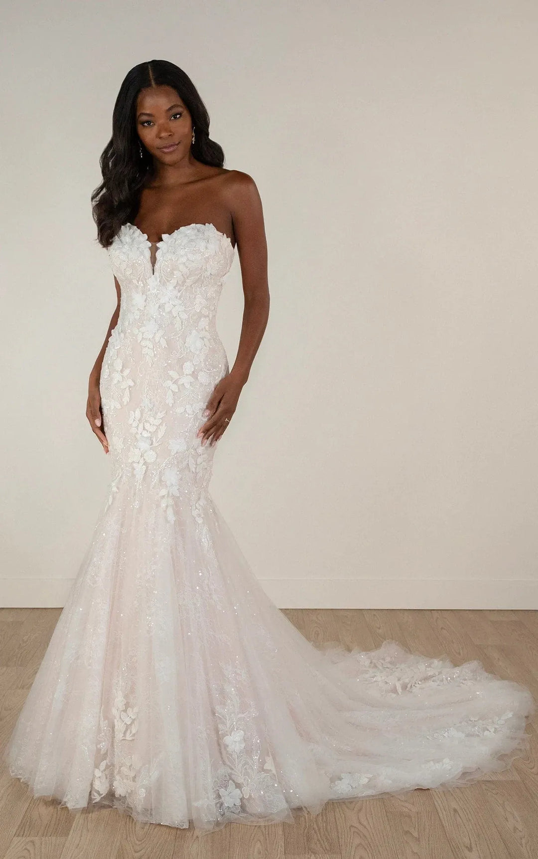 full front of stella york 7924 champagne lace fit and flare wedding dress featuring a strapless sweetheart neckline and flared skirt