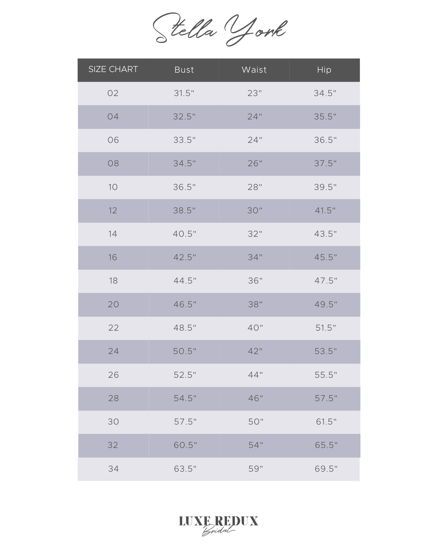 Stella York 7540BL - Size 20 Size Chart