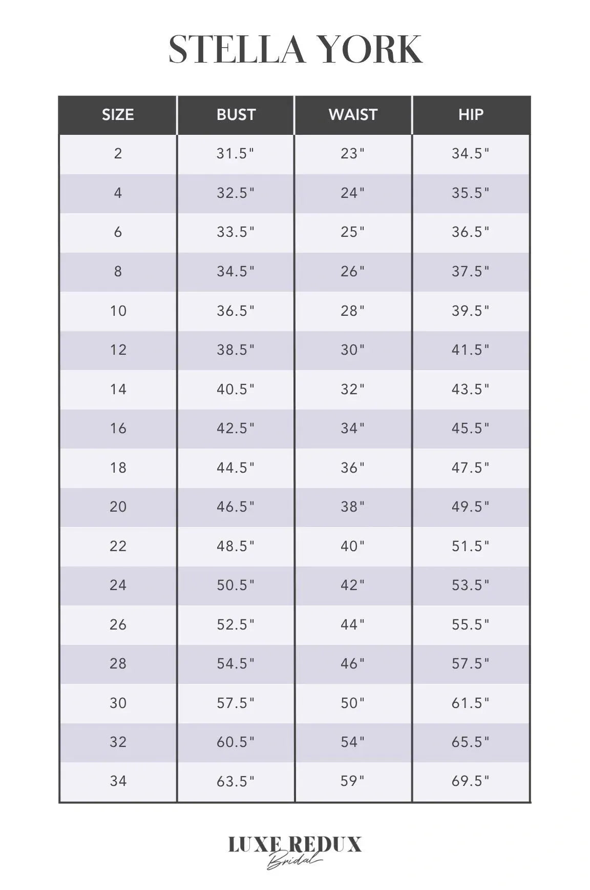 Stella York 7404 - Size 18 Size Chart