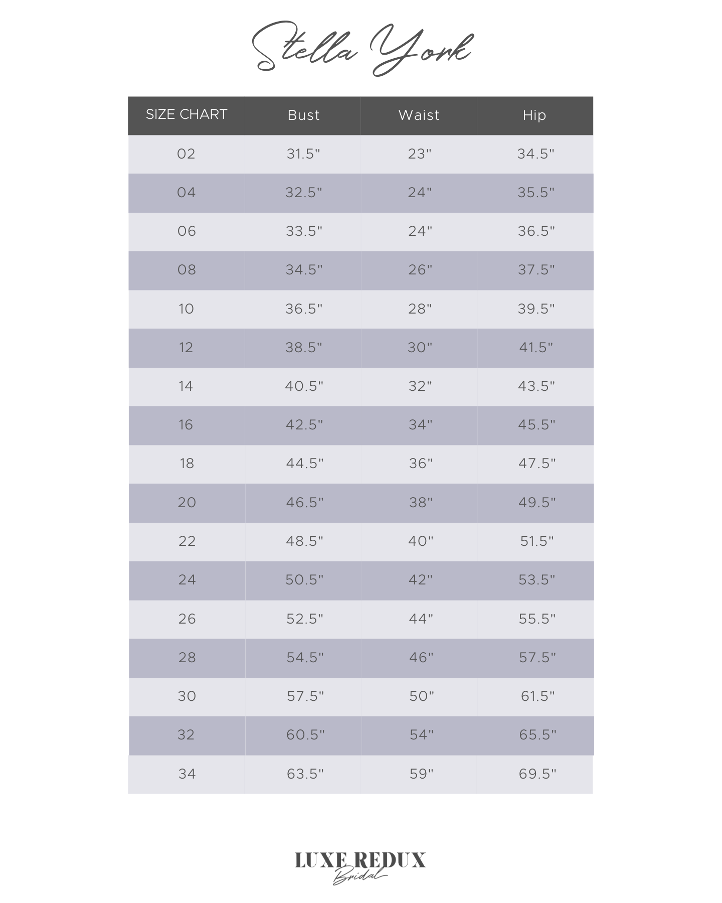 Stella York 7686 - Size 16 Size Chart