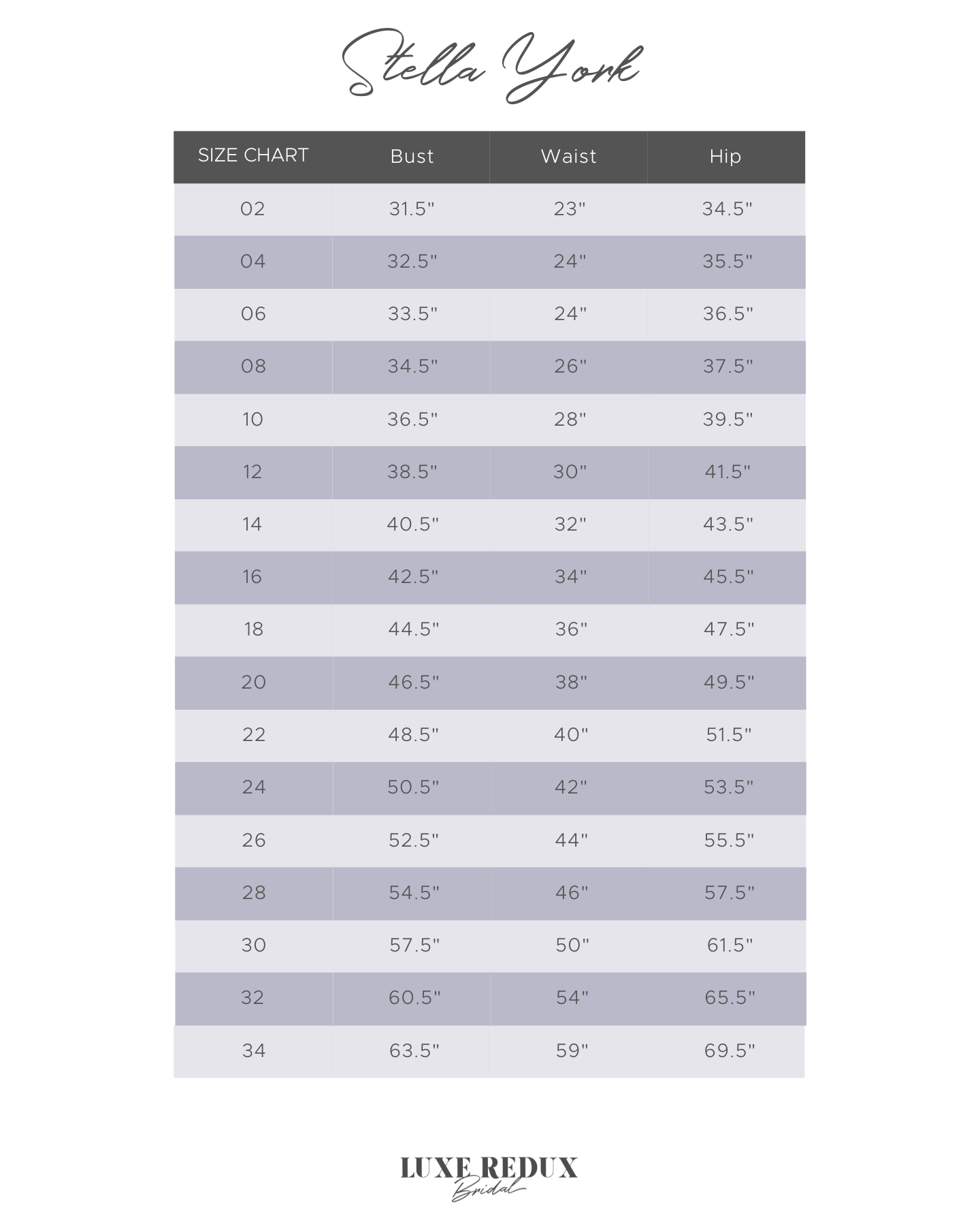 Stella York 7509 - Size 24 Size Chart