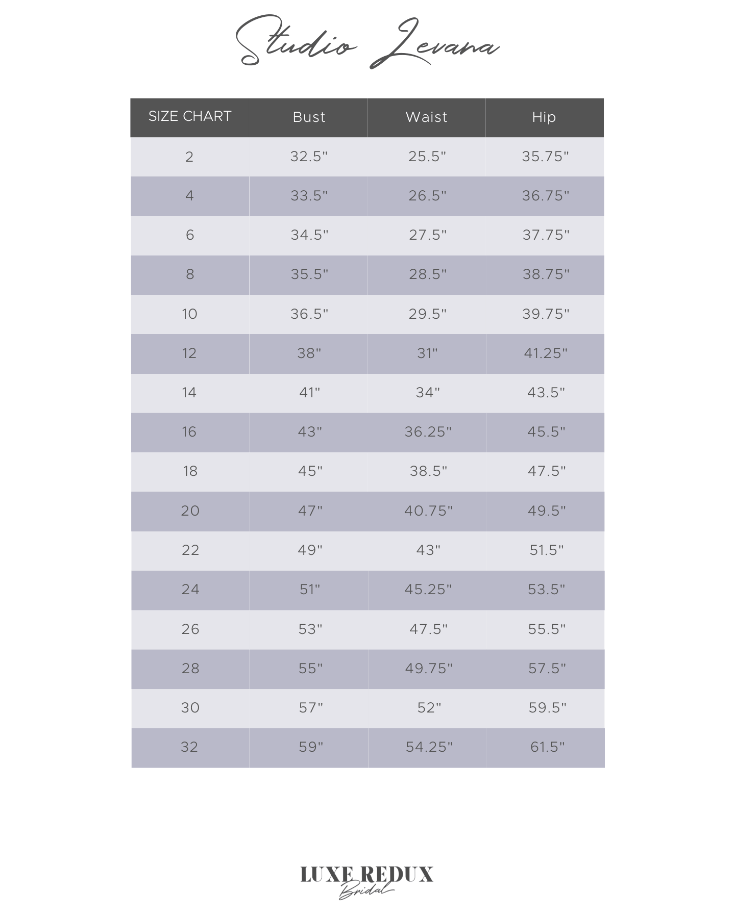 Studio Levana Randy Fitted - Size 22 Size Chart