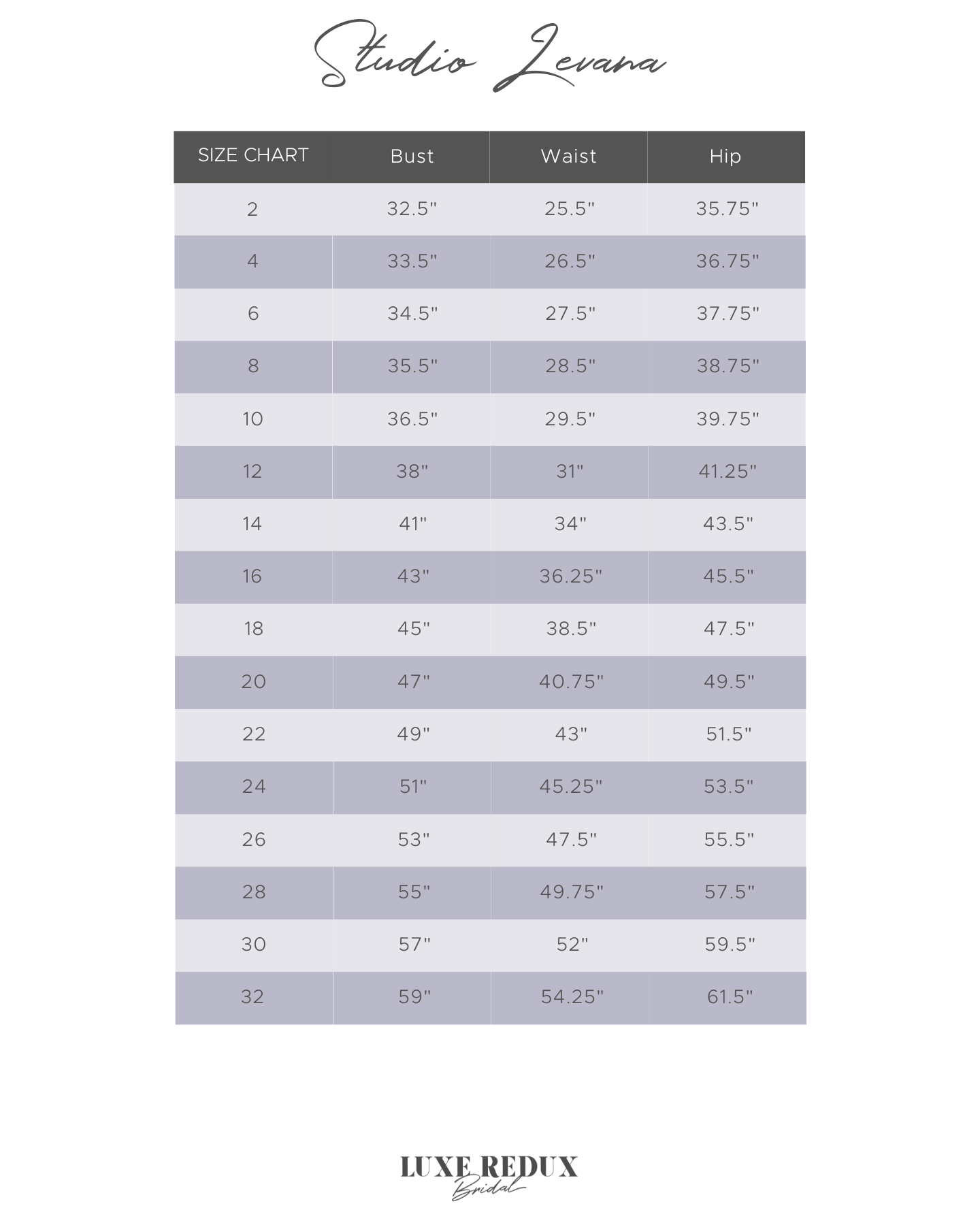 Studio Levana Allium - Size 20 Size Chart