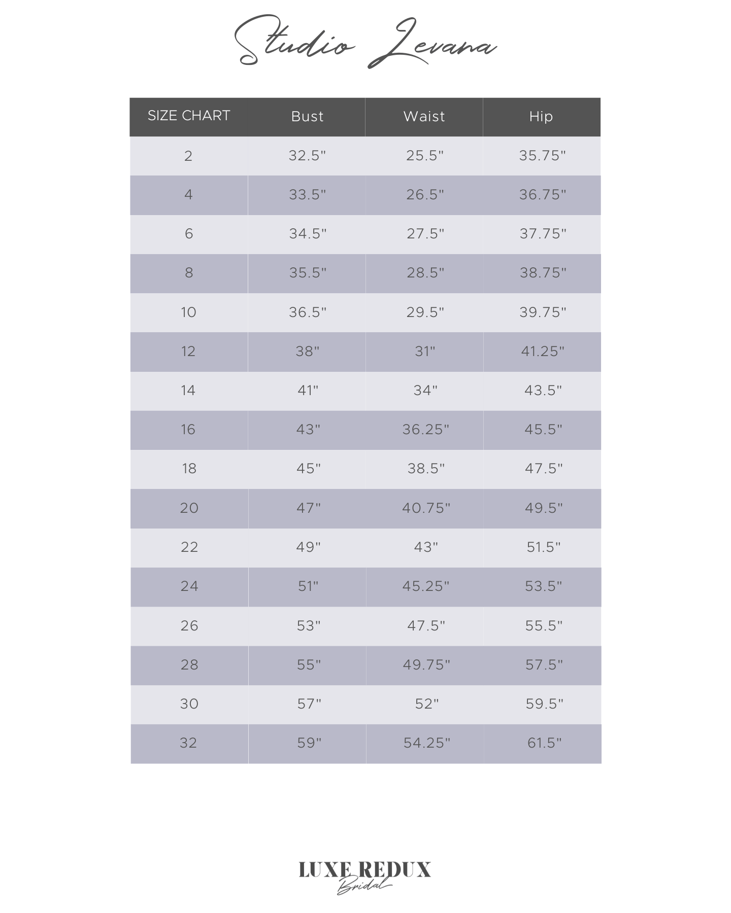 Studio Levana Paris Twilight - Size 26 Size Chart