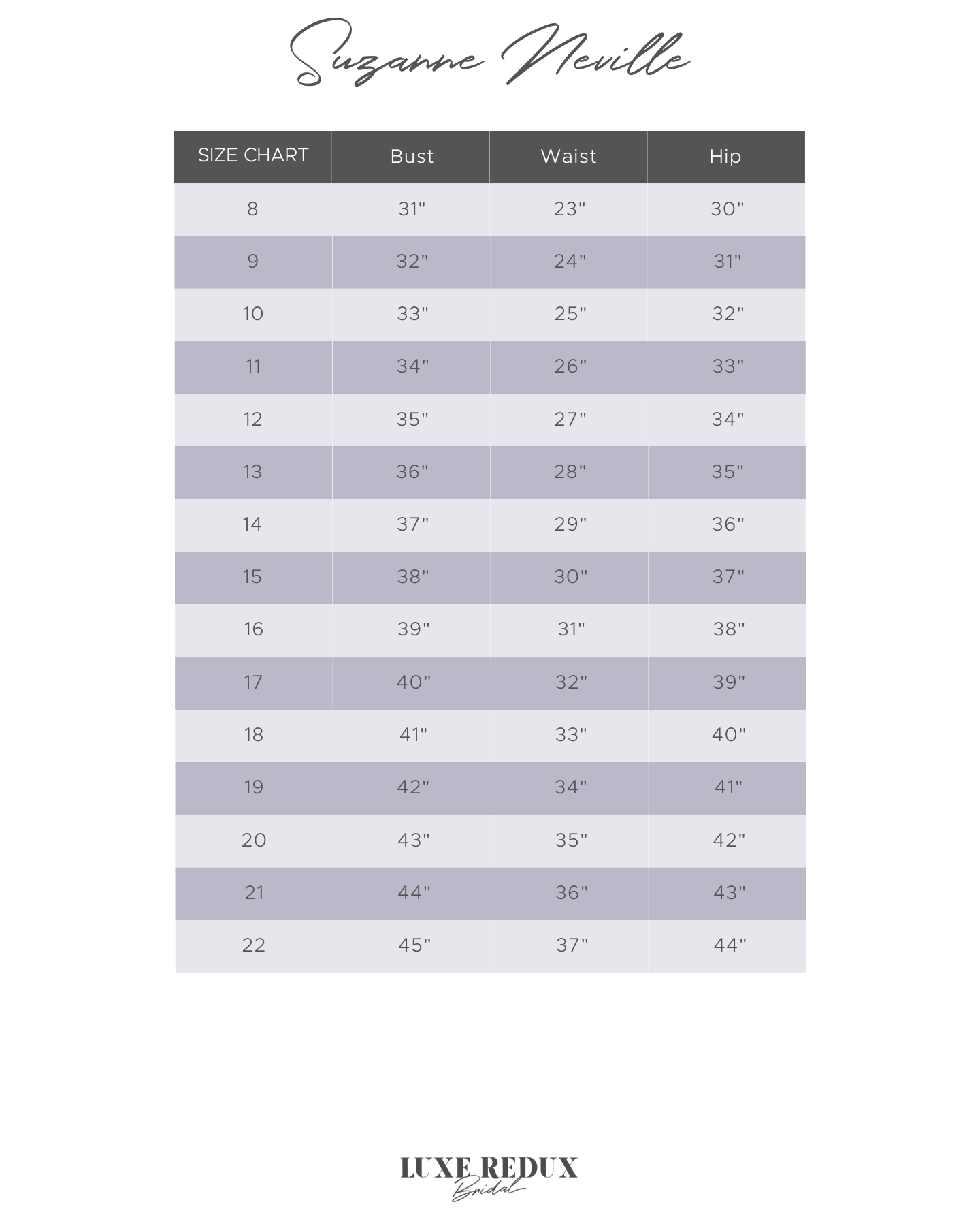 Suzanne Neville Marianna - Size 10/12 Size Chart