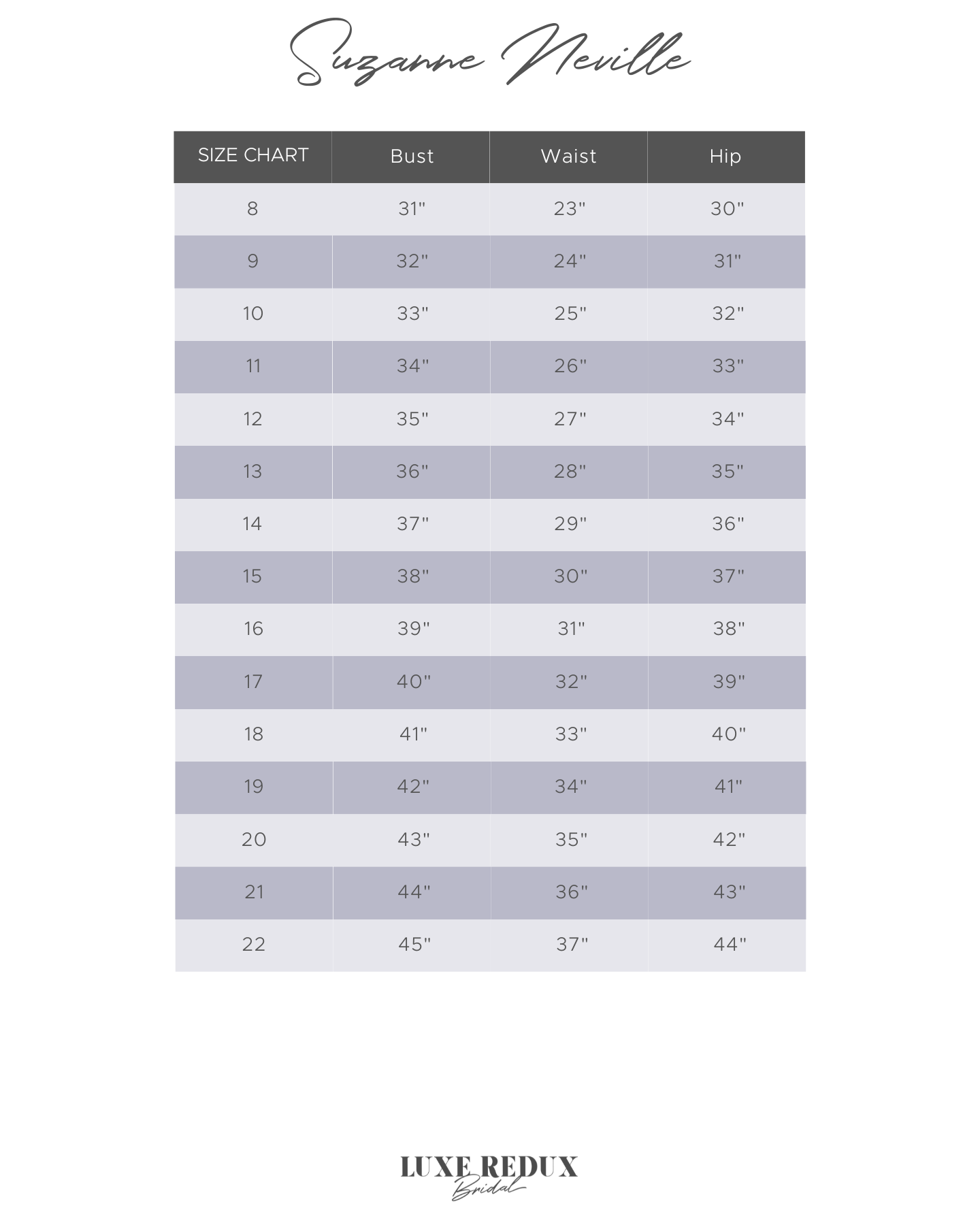 Suzanne Neville Eden - Size 12 Size Chart