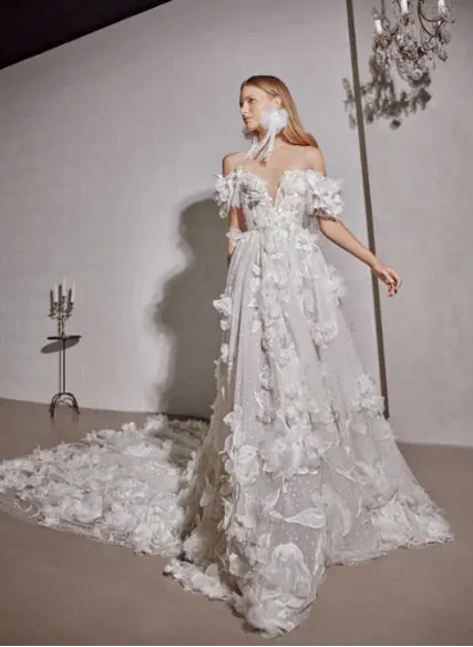 front of tal kedem jane ivory tulle a-line wedding dress, showing the full front with dimensional floral accents throughout the gown