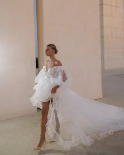 front of tal kedem sunset ivory dotted tulle a-line wedding dress, showing the full front with long sleeves and cathedral length train
