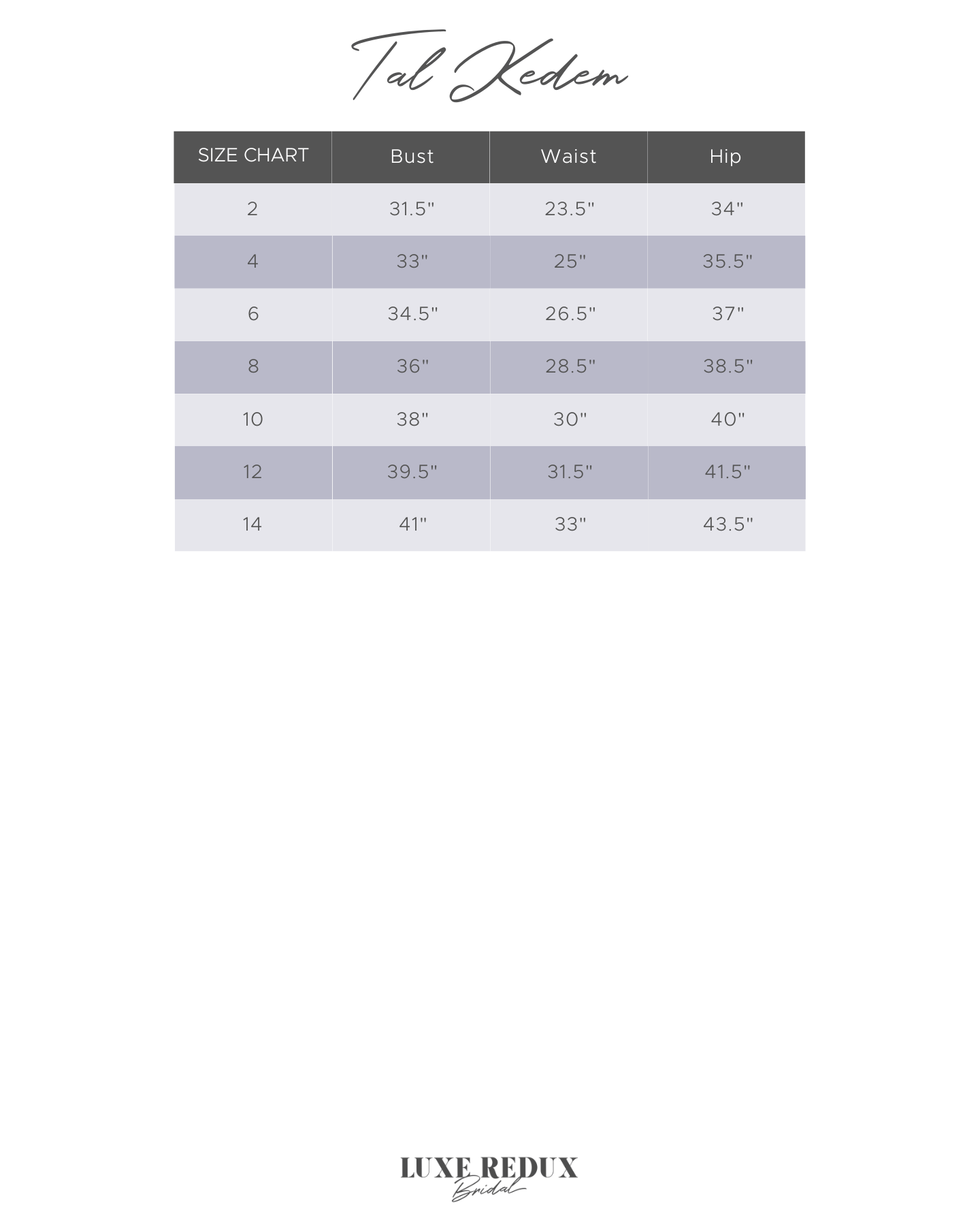 Tal Kedem Glow - Size 12 Size Chart