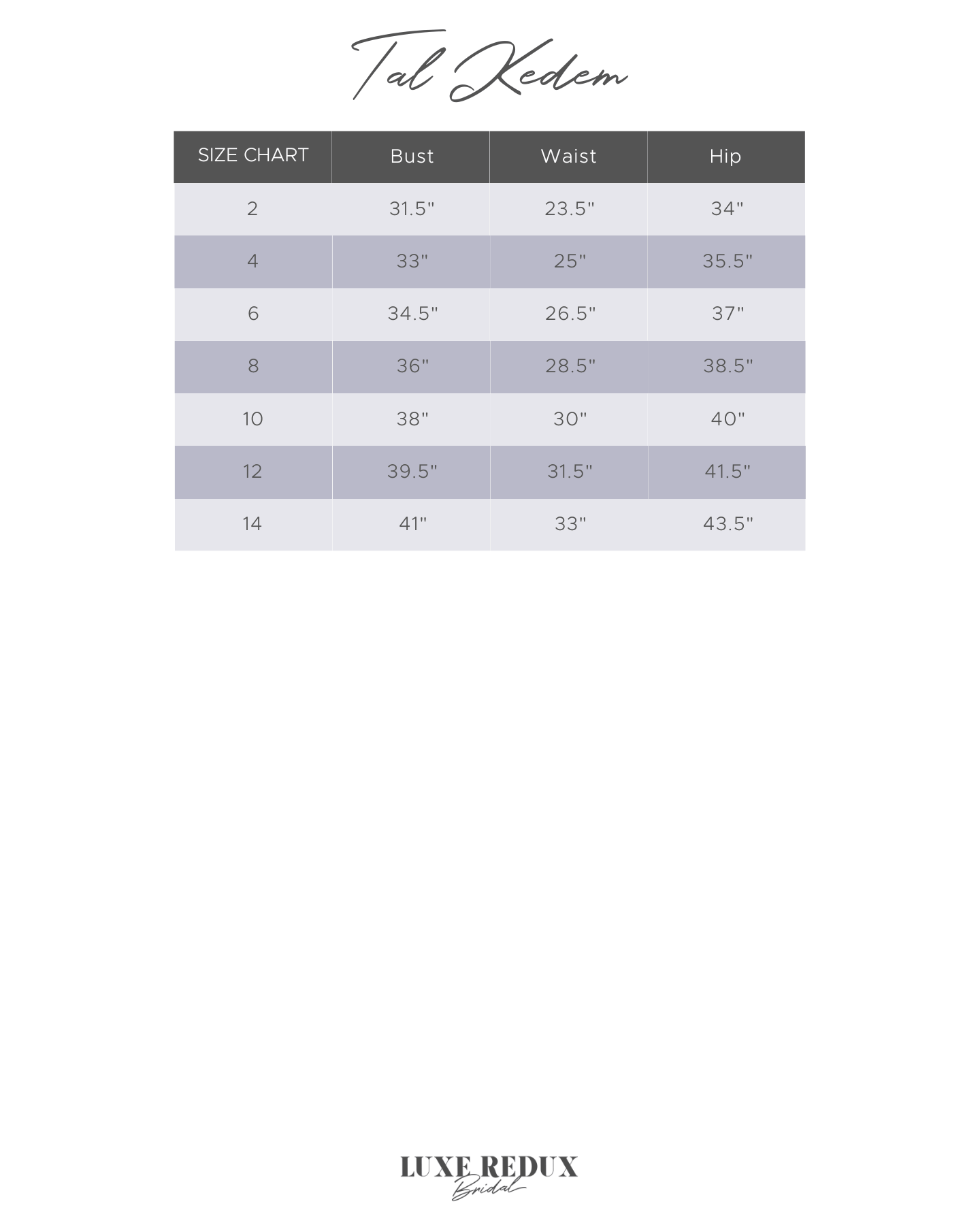 Tal Kedem Theodora + Gloves - Size 8 Size Chart