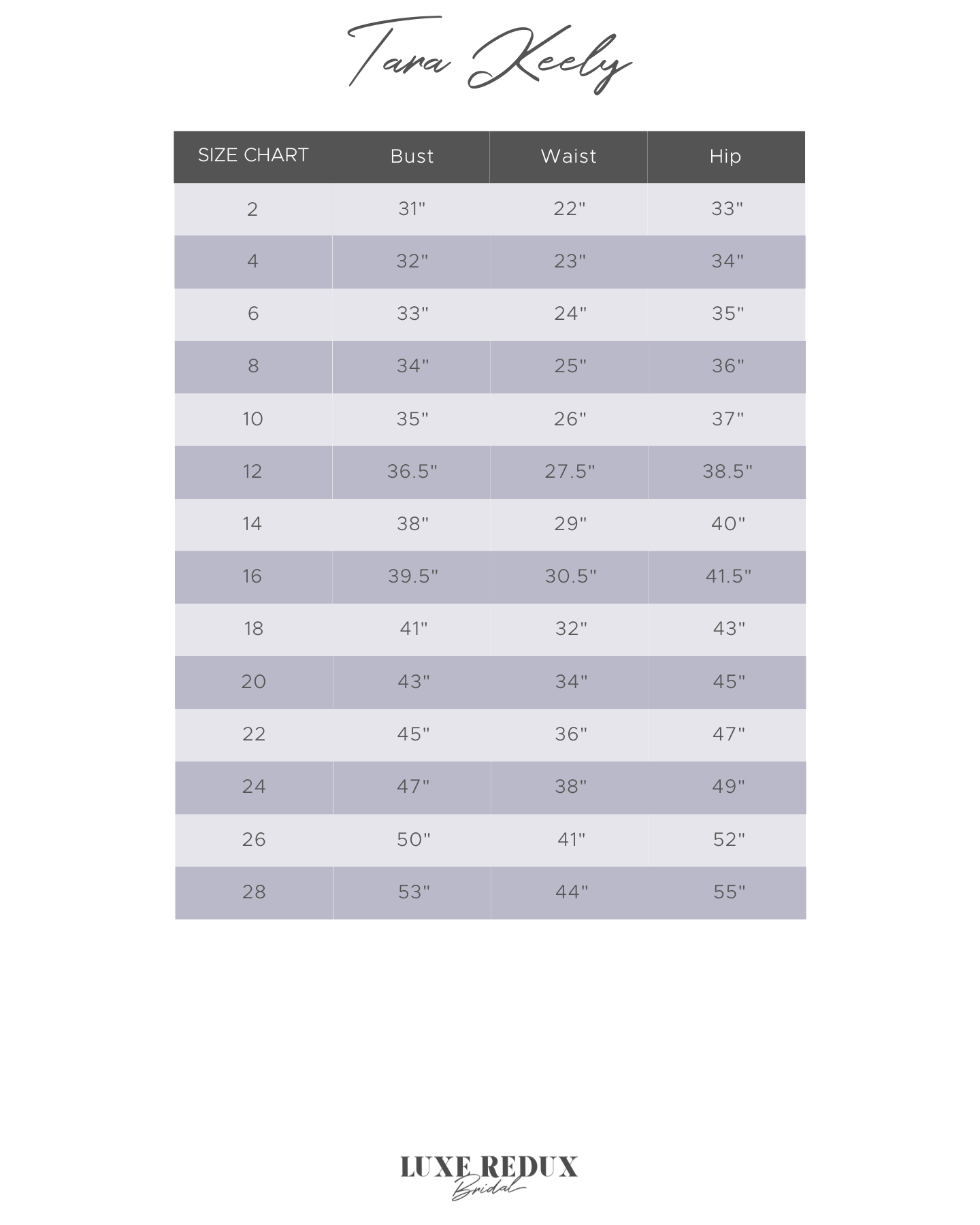 Tara Keely Asa + Overskirt - Size 14 Size Chart