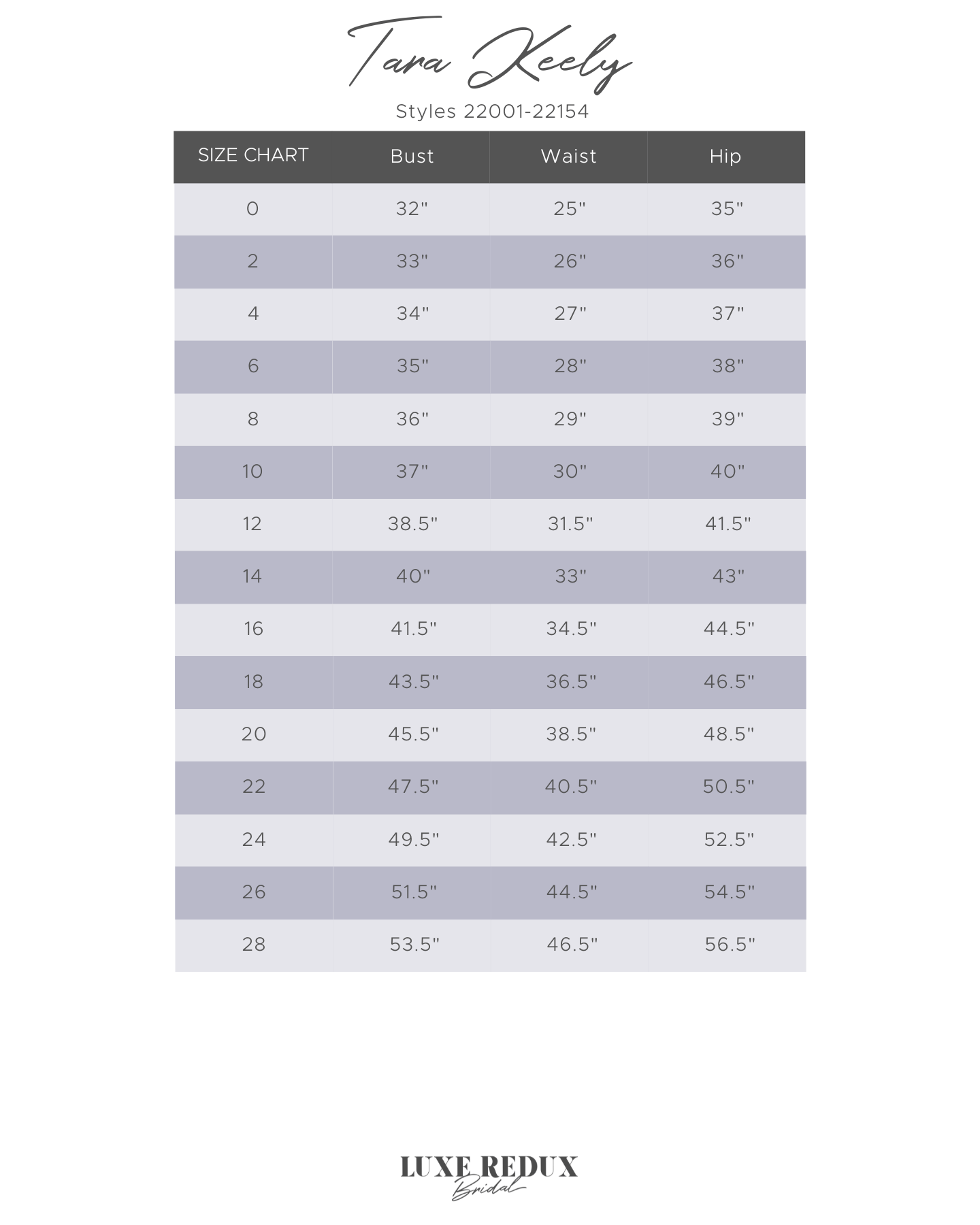 Tara Keely Noa - Size 10 Size Chart