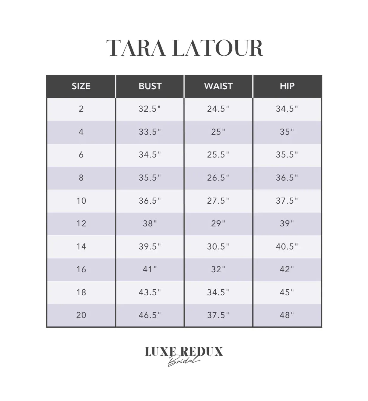 Tara LaTour Sherlock - Size 12 Size Chart