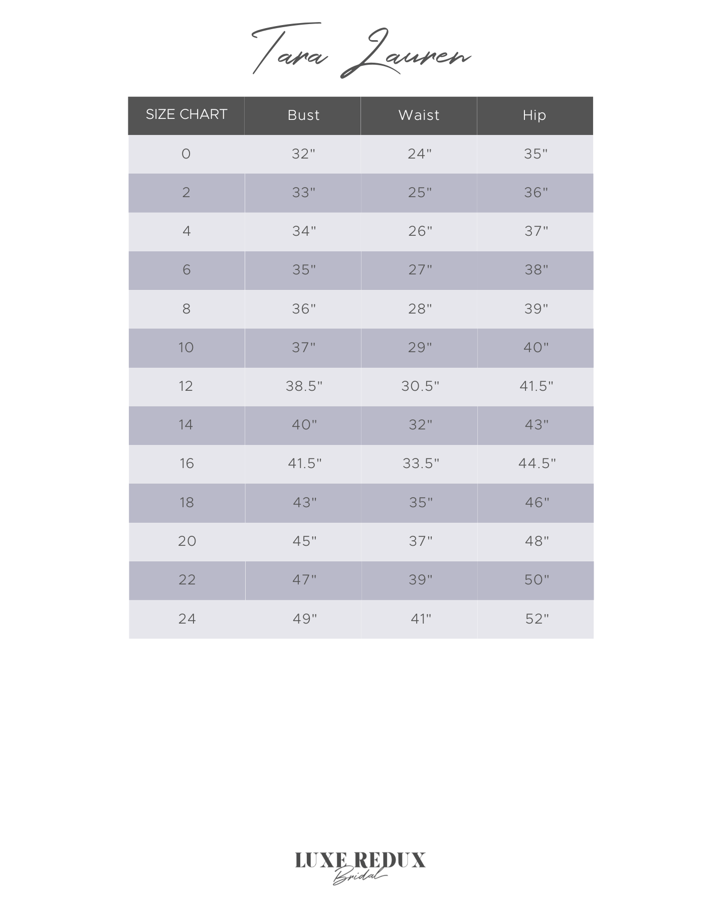 Tara Lauren Valeria - Size 14 Size Chart