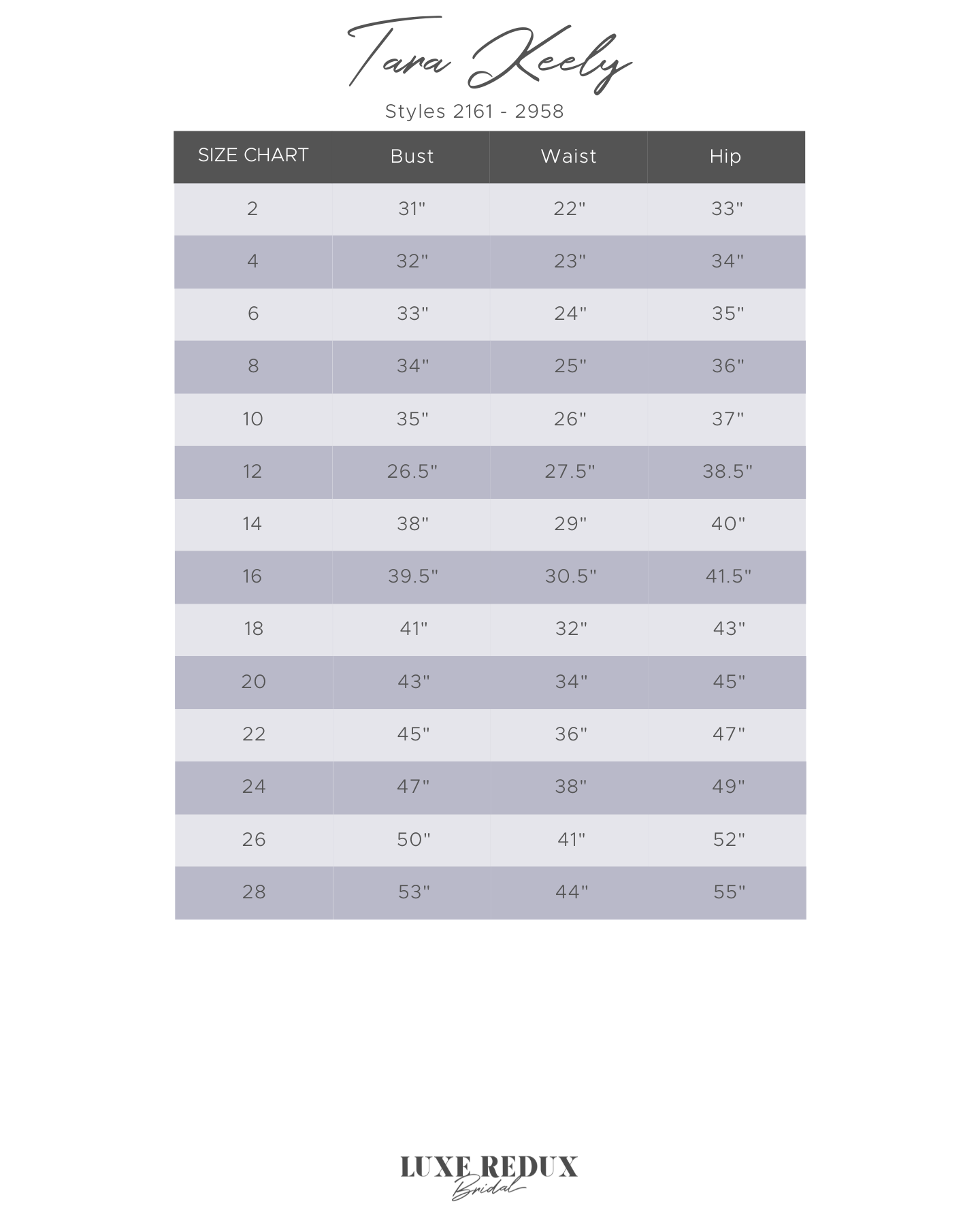 Tara Keely Carolina 2861 - Size 10 Size Chart