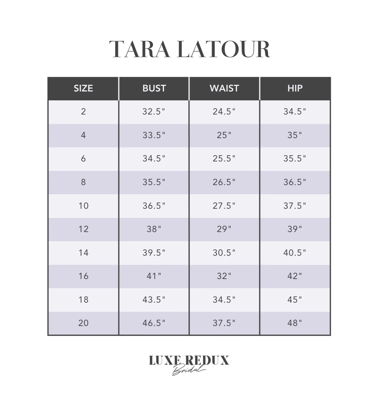 Tara LaTour June - Size 12 Size Chart