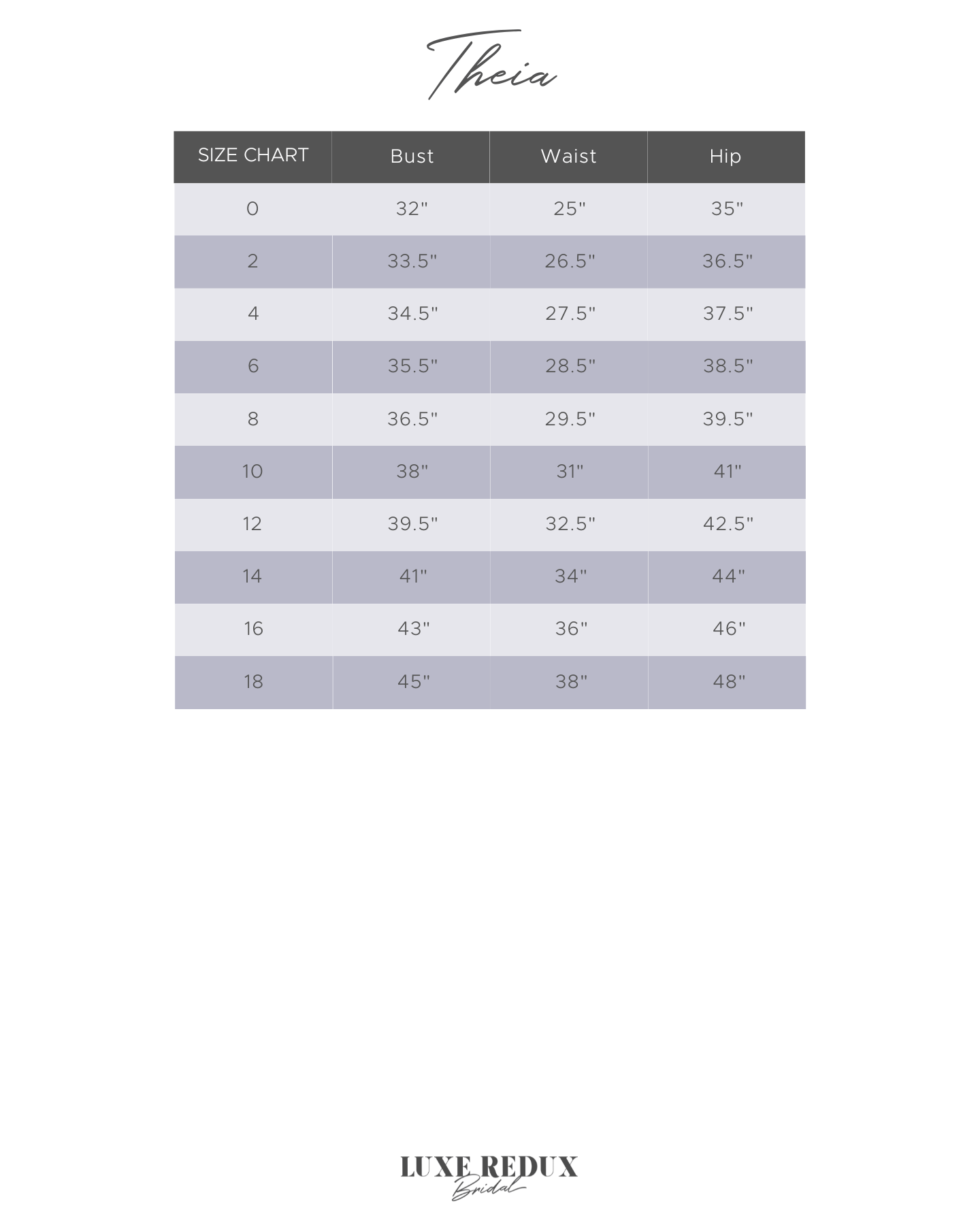 Theia Pearl - Size 12 Size Chart