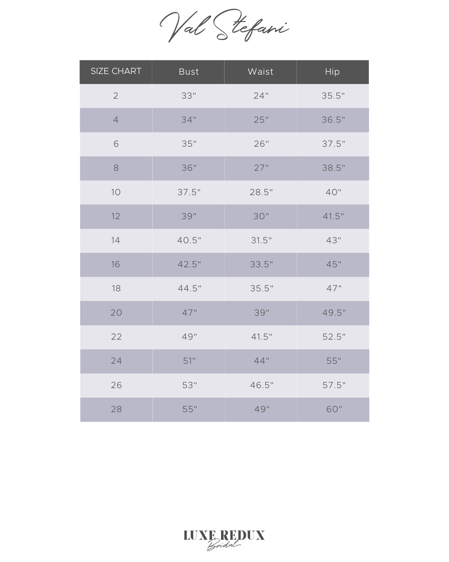 Val Stefani D8265 Lisbon - Size 14 Size Chart