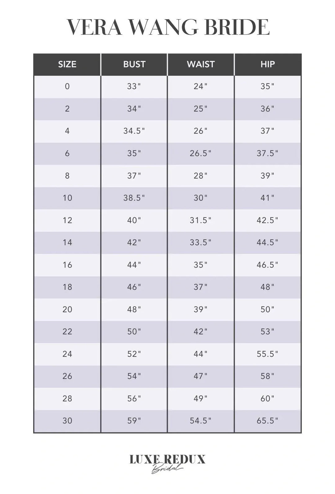 bridal dress size chart Vera Wang Bride Nuncia
