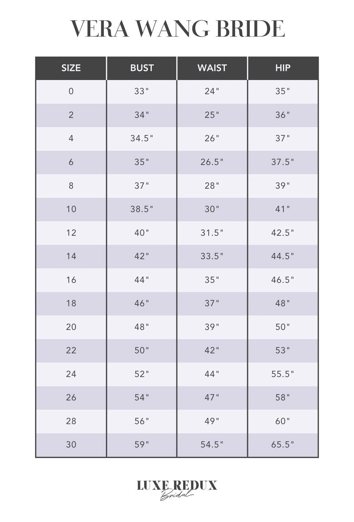 Vera Wang Bride Laurence - Size 12 Size Chart