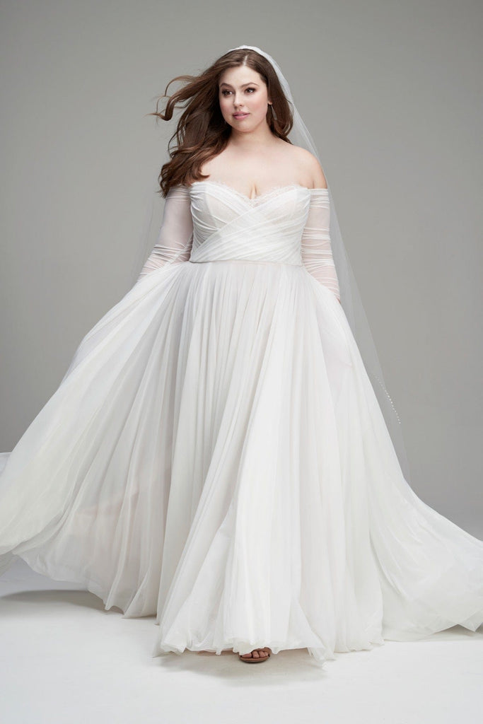 Wtoo by Watters Miles V-Neck Ruched-Sleeve Mesh Wedding Gown
