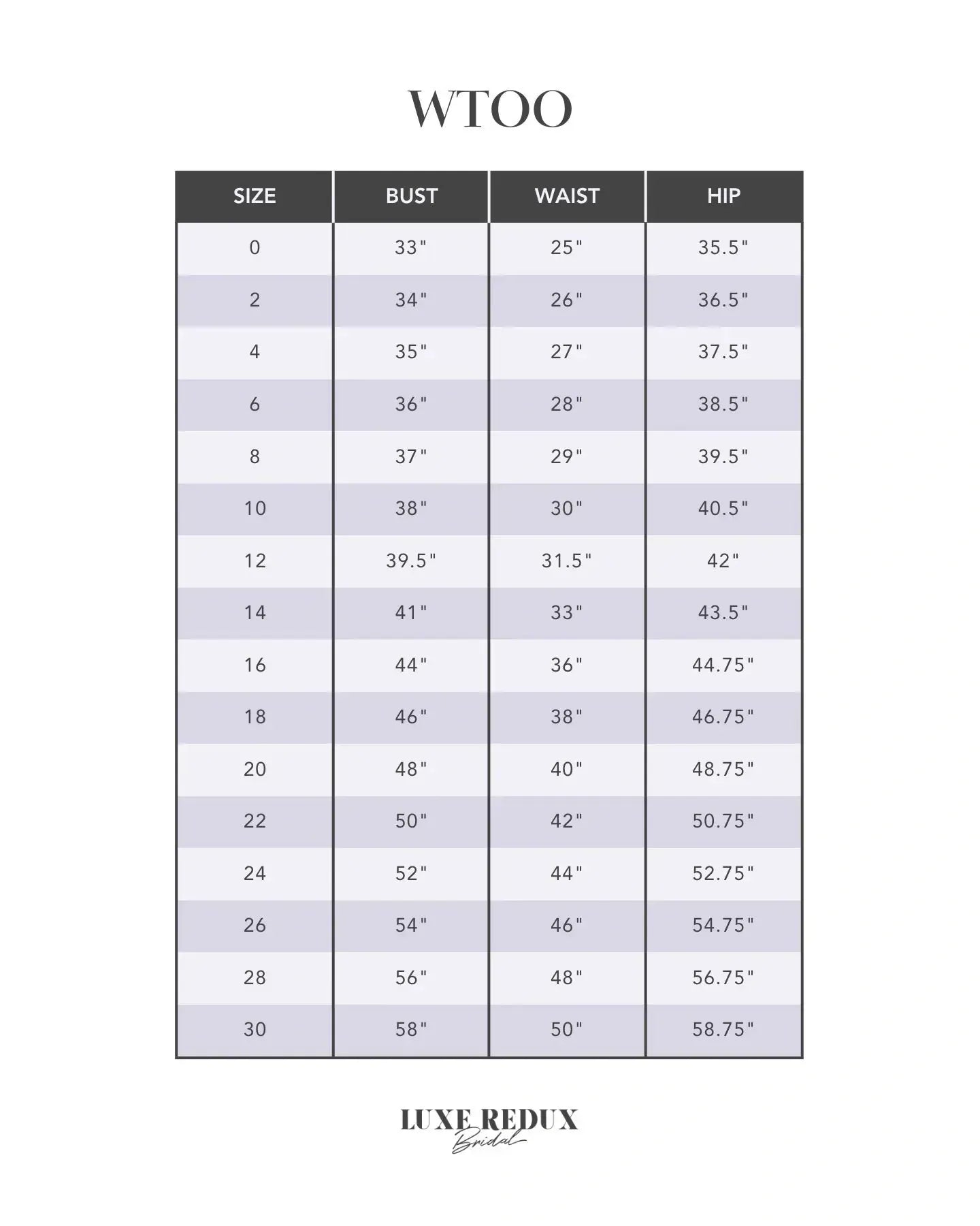 WTOO Conroy - Size 2 Size Chart