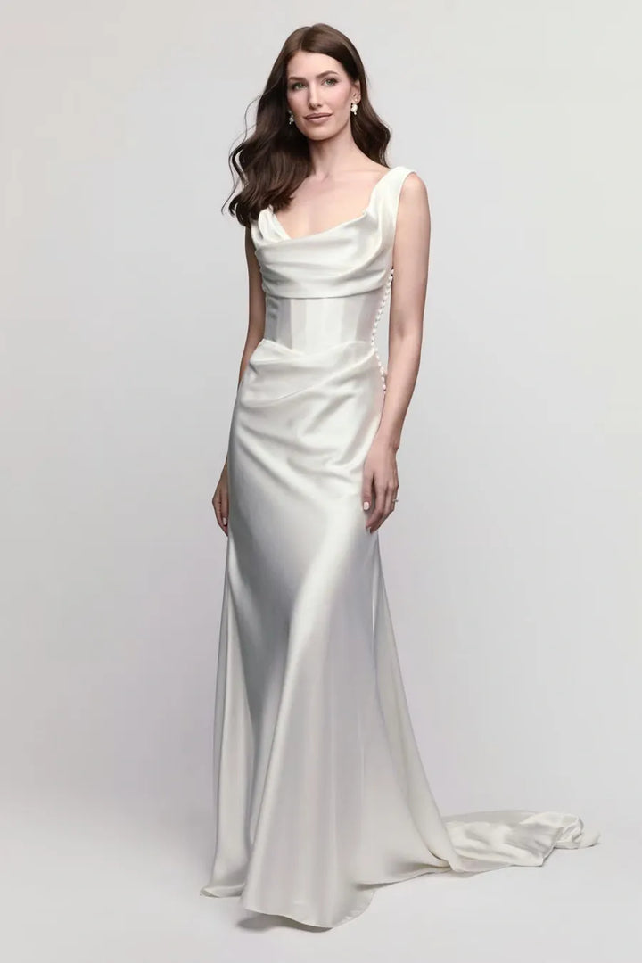 full front of locket by watters amaryllis ivory charmeuse sheath wedding dress featuring a scoop neckline, buttons down the sides, and slim skirt