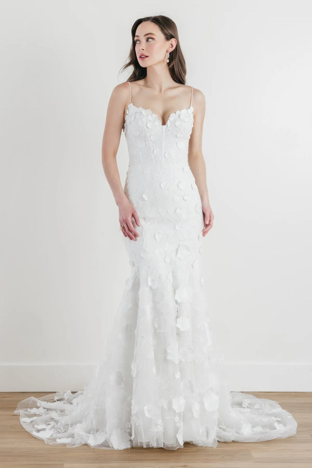 front of locket by watters ilsa ivory tulle fitted wedding dress with dimensional floral accents