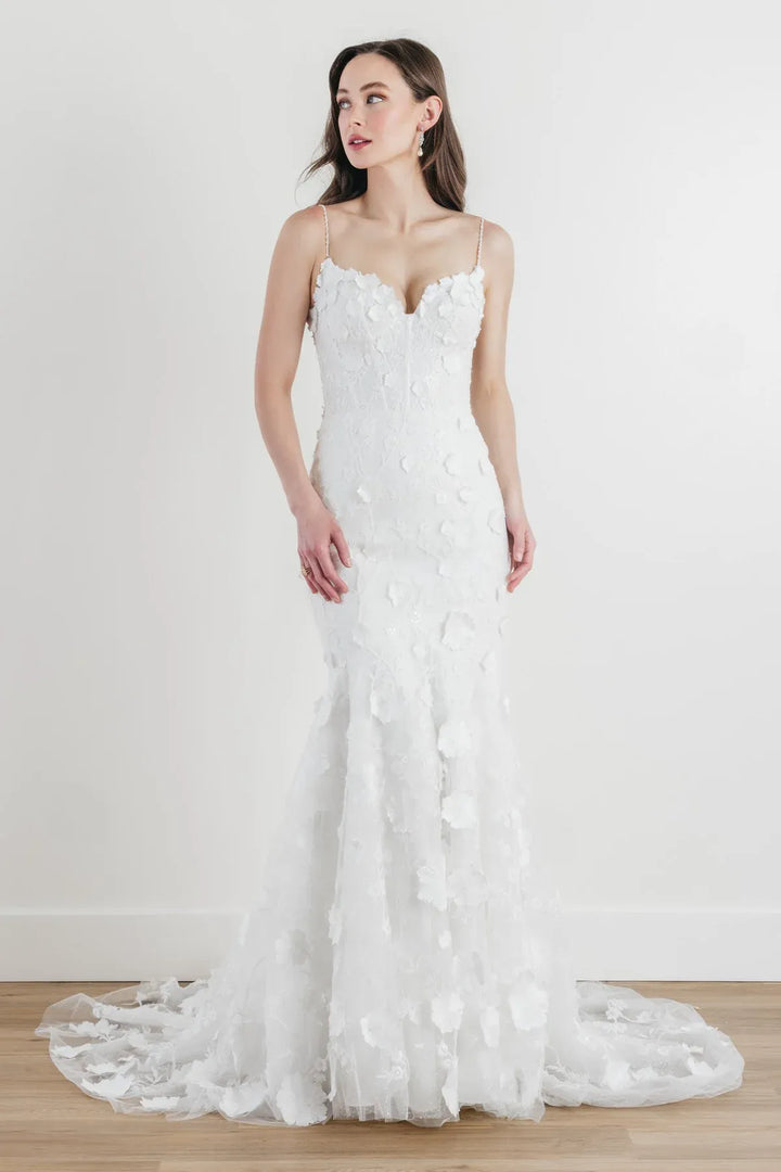 front of locket by watters ilsa ivory tulle fitted wedding dress with dimensional floral accents