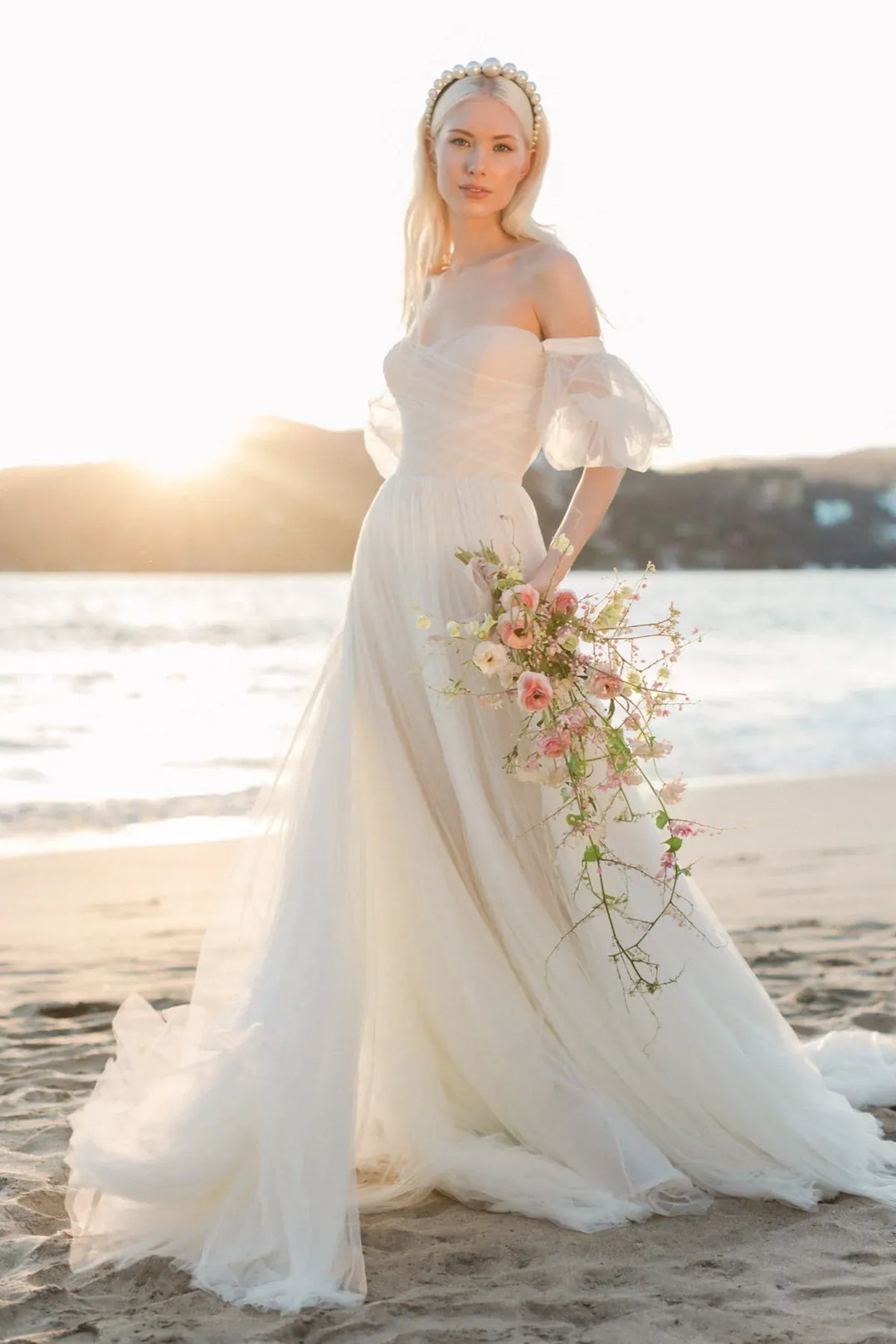 Watters Mist Wedding Dress – Tulle A-line Bridal Gown with Detachable Puffed Short Sleeves – Size 10 – Luxe Redux Bridal