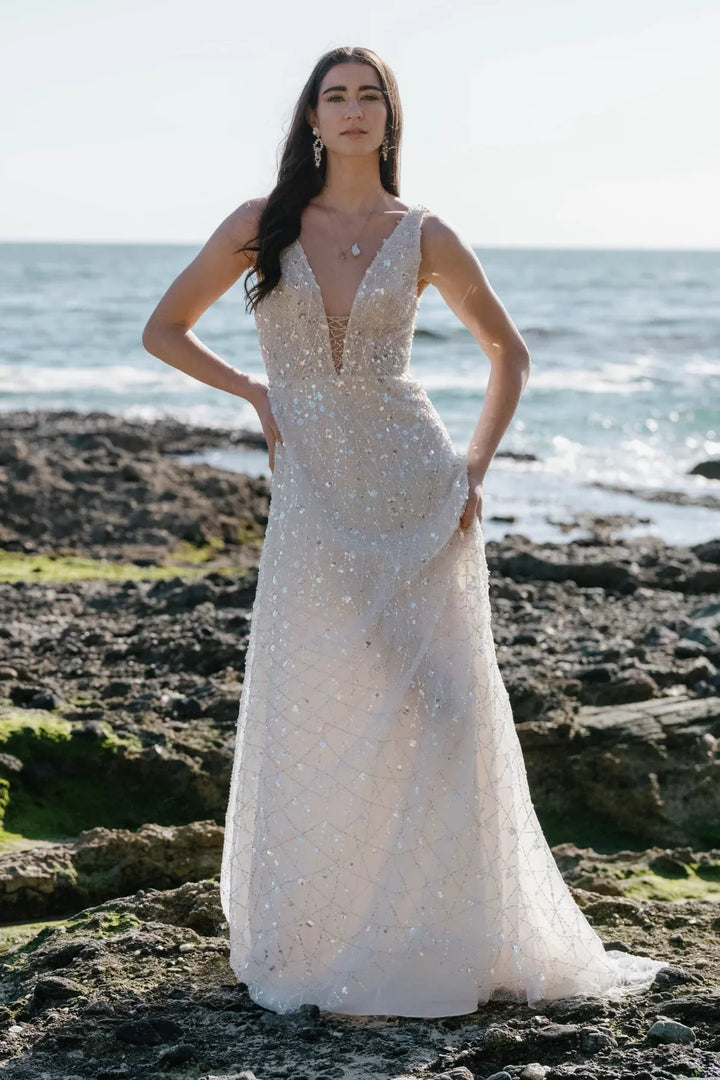full front of willowby by watters odessa platinum beaded a-line wedding dress with a deep v neckline