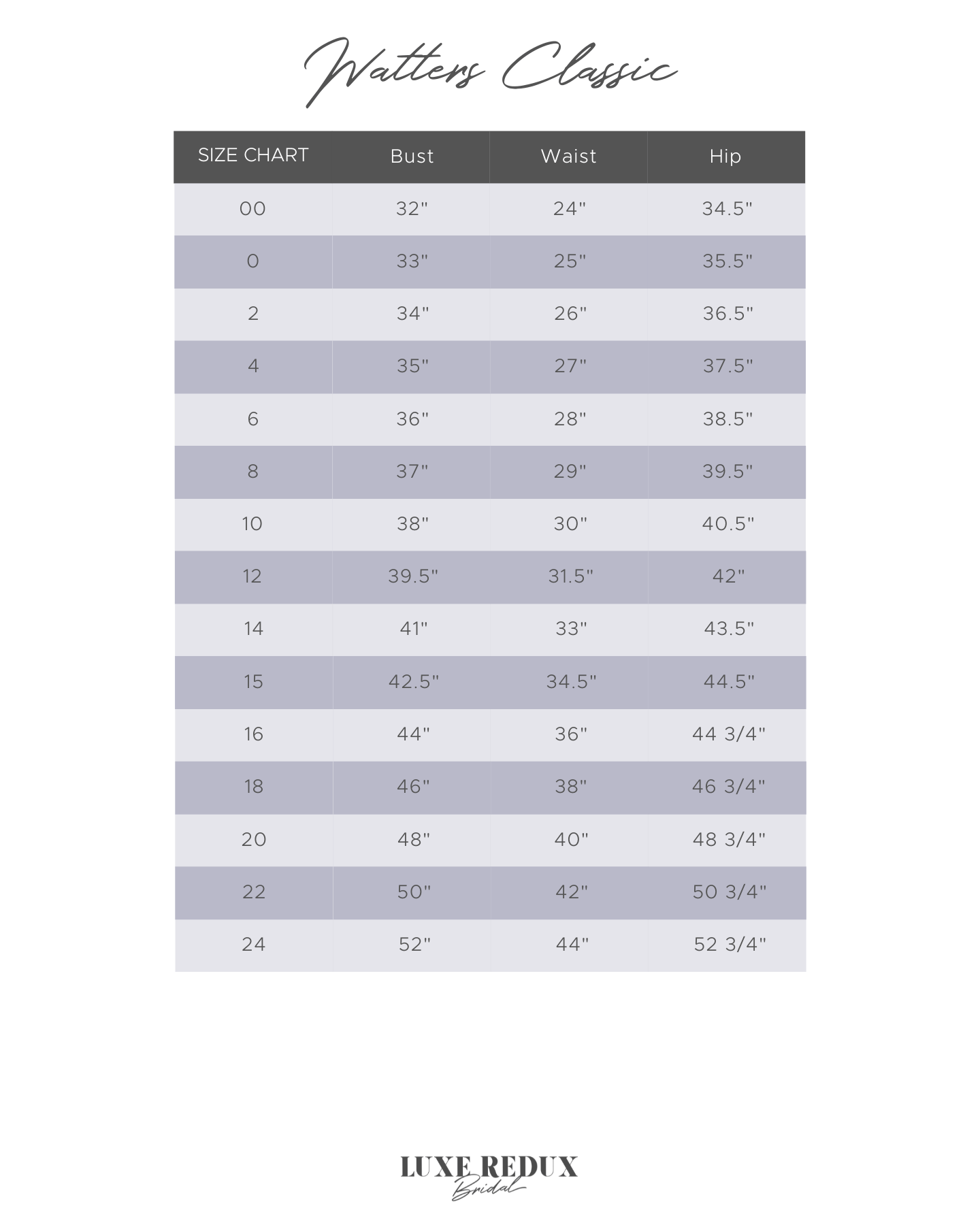 Watters Clara - Size 2 Size Chart