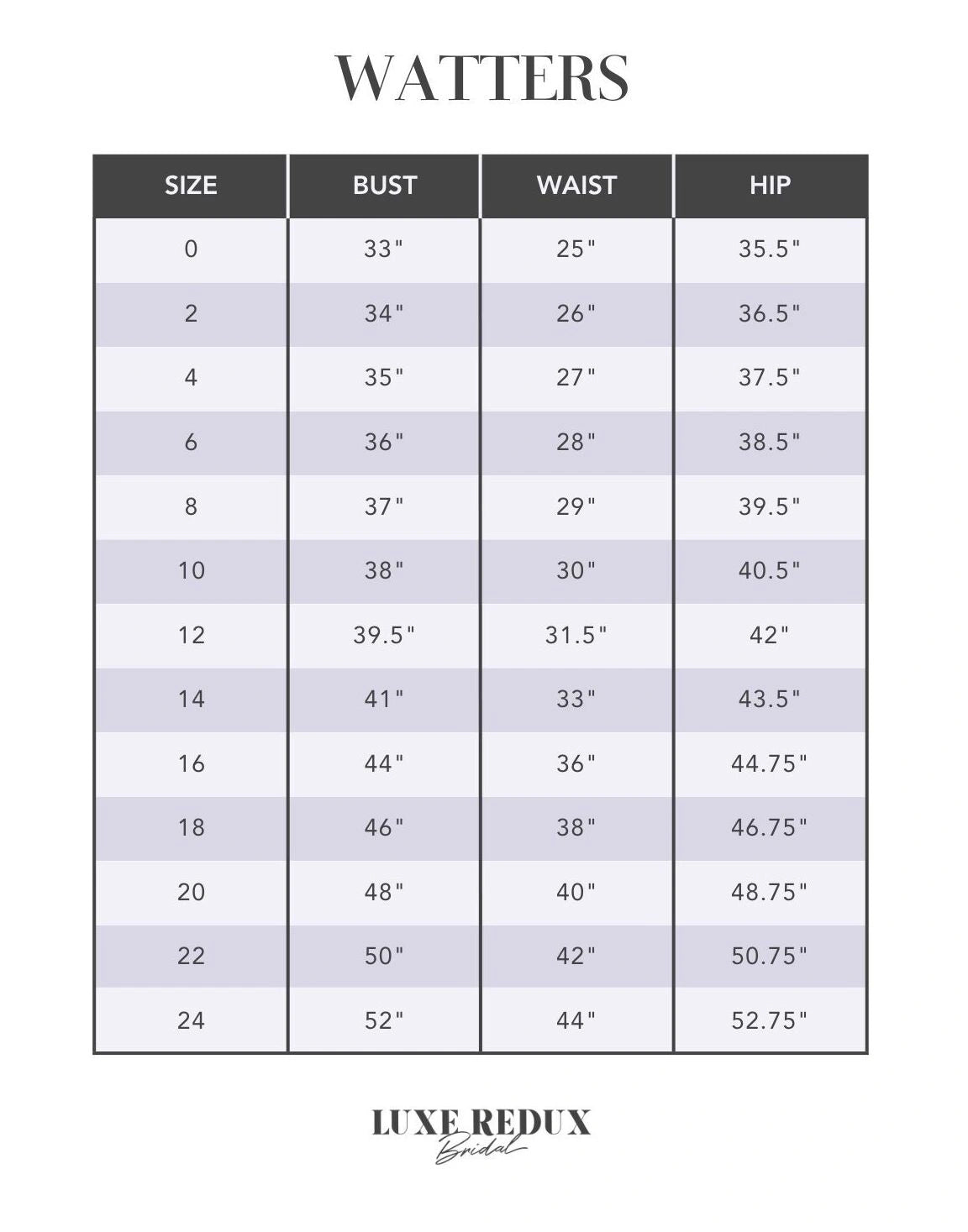 Watters Ondrea 67410B - Size 16 Size Chart