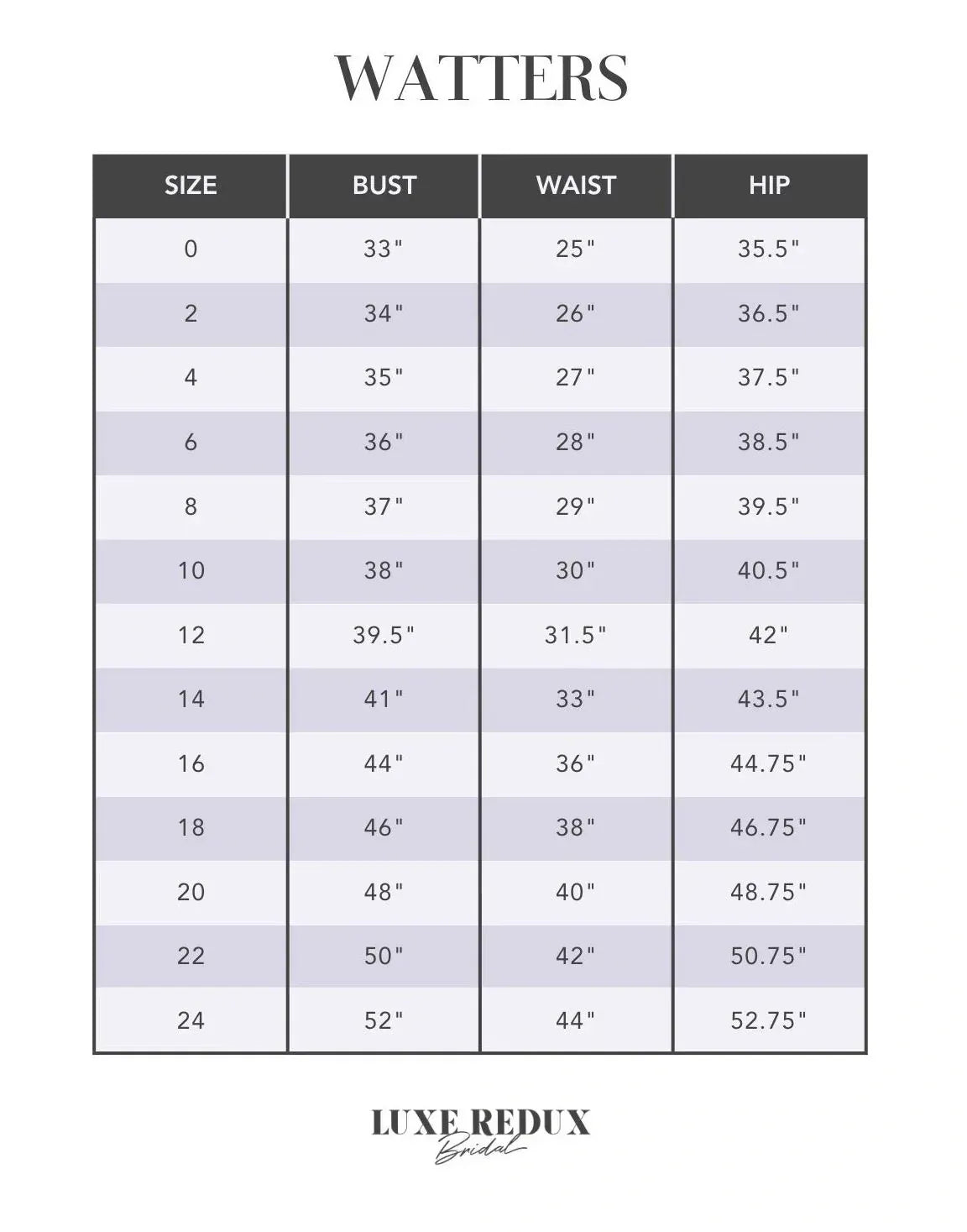 Watters Gioia 65405B - Size 12 Size Chart