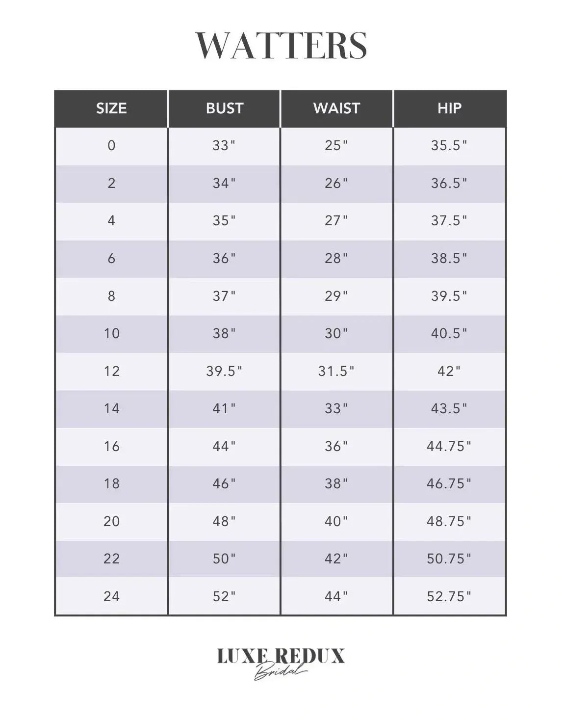 Watters Treslyn - Size 2 Size Chart