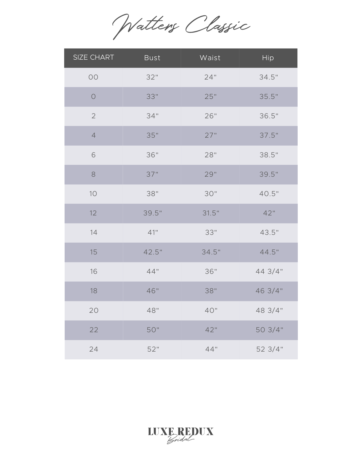 Watters Anders - Size 12 Size Chart