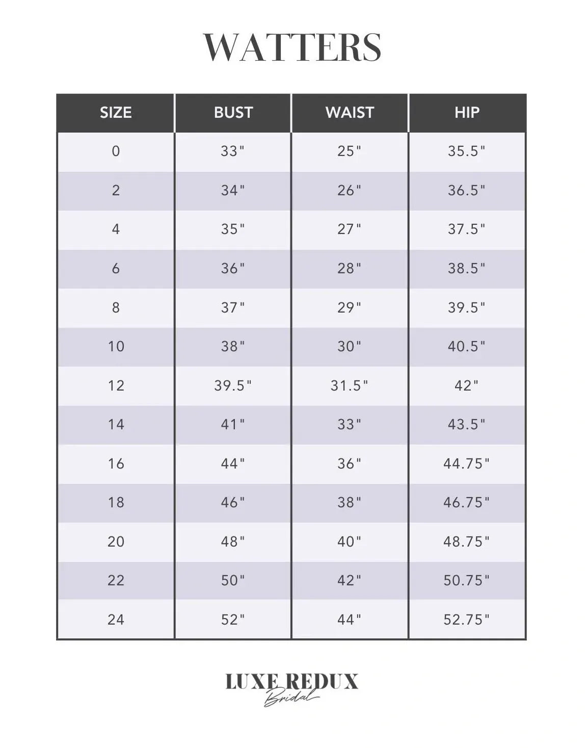 Watters Gioia 65405B - Size 12 Size Chart
