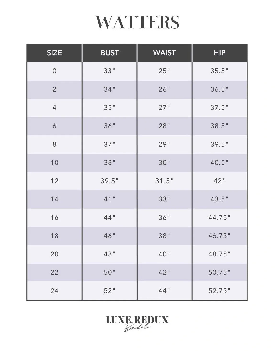 Watters Liv 63701B - Size 14 Size Chart