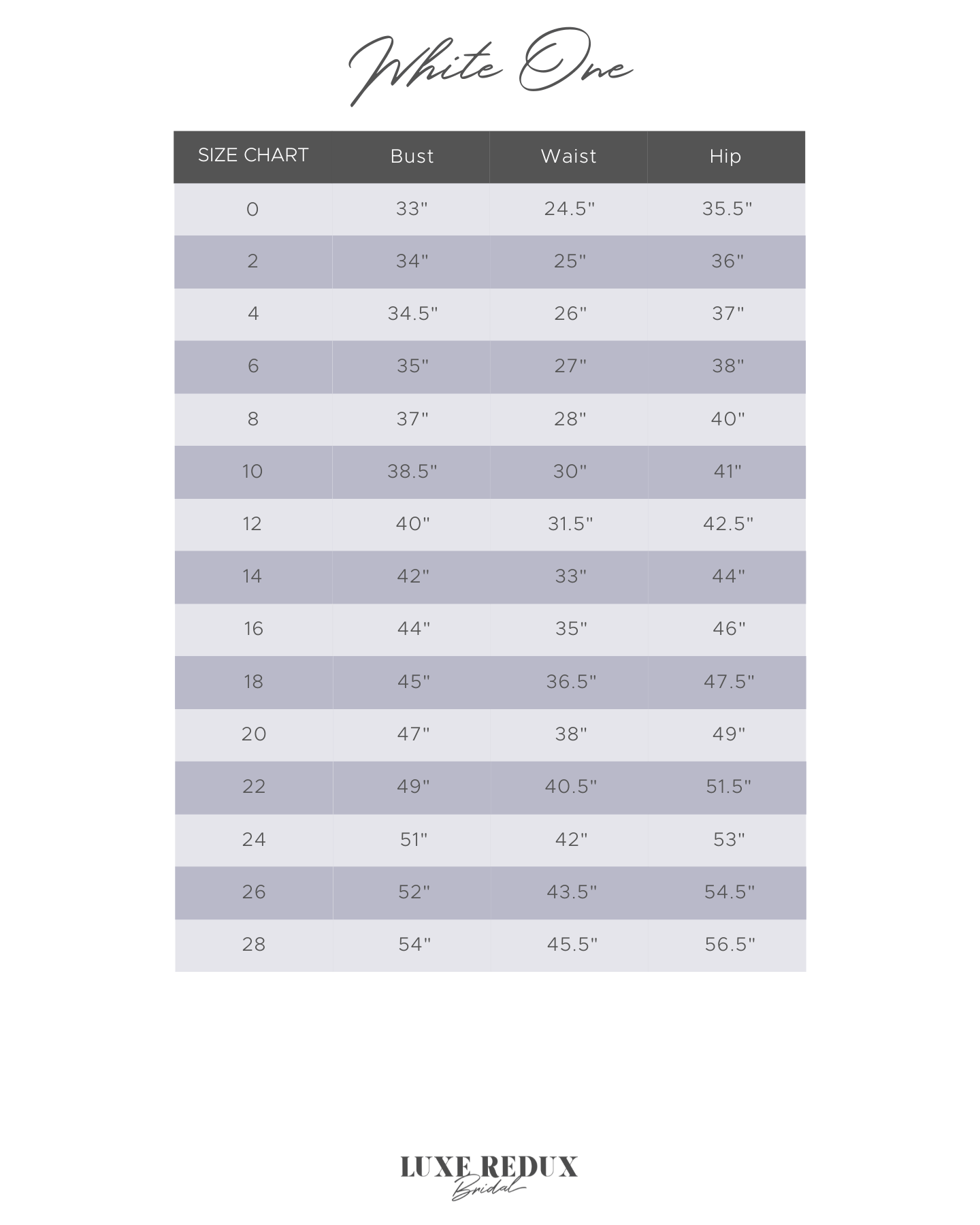 White One Glorious - Size 12 Size Chart