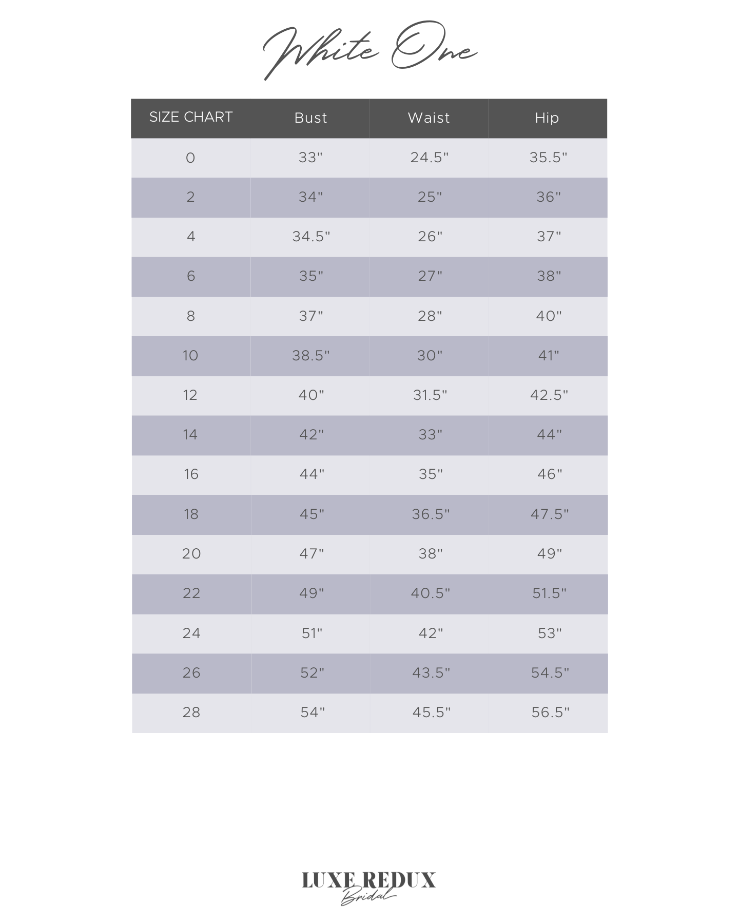 White One Gloria - Size 12 Size Chart