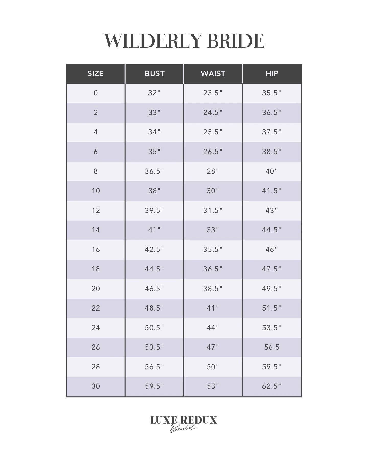 Wilderly Bride Peony - Size 14 Size Chart